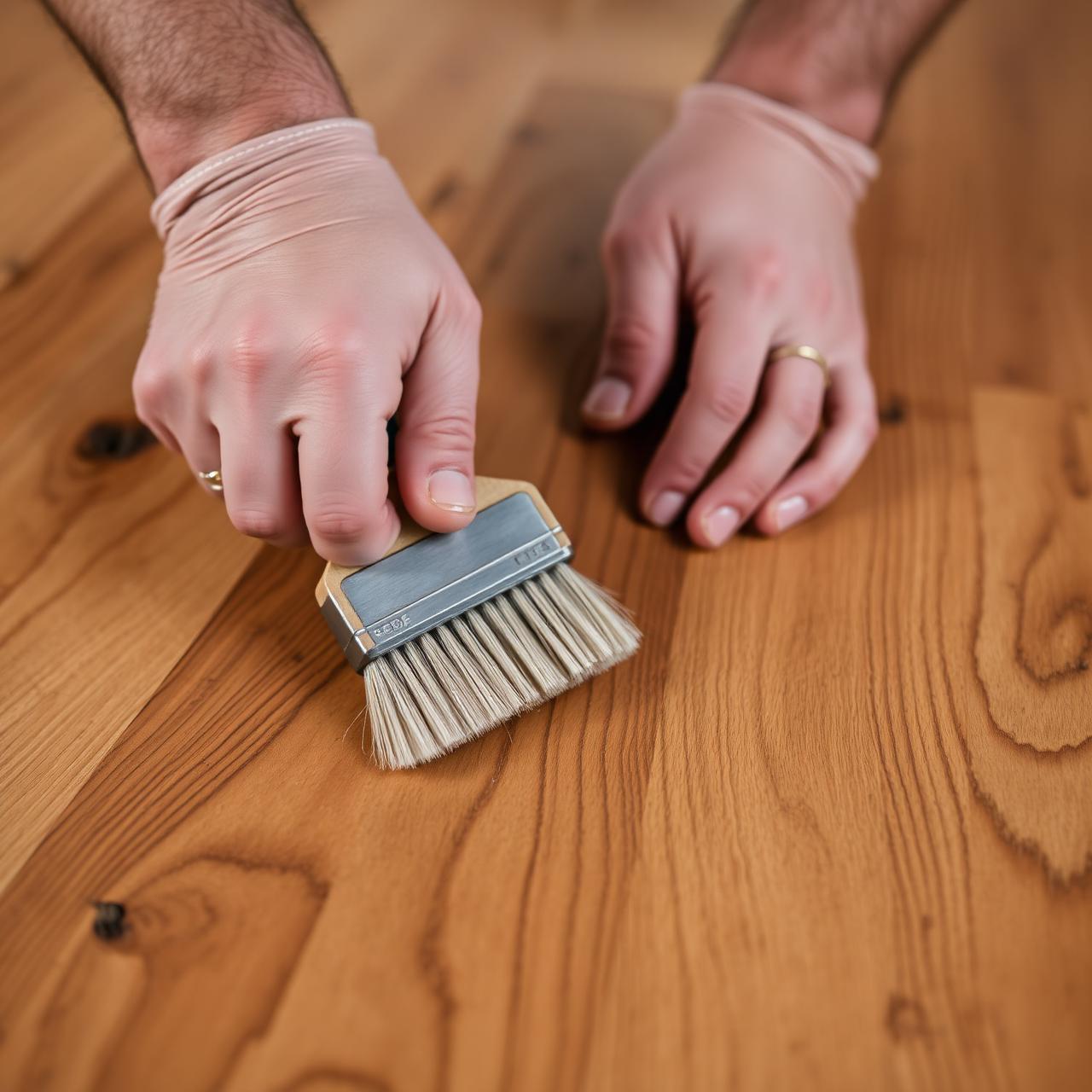 Craftsman hand-finishing a hardwood floor with a brush